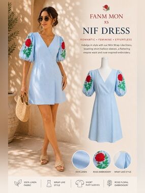 Fanm Mon Nif Linen Mini Dress XS Blue Floral Embroidered Resort Euro Summer